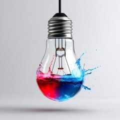 Fototapete - Colorful Idea: A Light Bulb Bursting with Red and Blue Water Splashes on a Clean White Background.