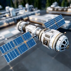 Fototapete - Futuristic Space Station with Solar Panels Orbiting Earth: A Vision of Exploration and Scientific Advancement