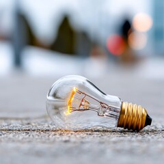 Fototapete - Lost Idea: Illuminated Light Bulb on Concrete with Blurry Background, representing inspiration found outside