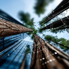 Leinwandbilder - Nature's Algorithm: Trees and Technology Intertwined Beside Modern Architecture, Looking Up At Sky