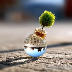 Poster - Nature Captured: A Green Plant in a Glass Orb Reflecting an Upside-Down World on a Textured Stone Surface.