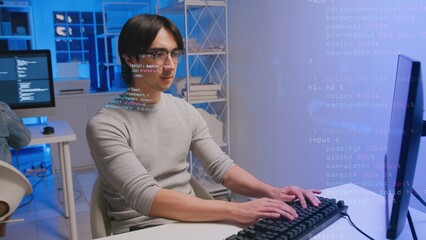 Professional Man programmer coding developer software engineer technology computer programming keyboard workspace data tech digital internet interface website systems analytics cloud virtual solutions