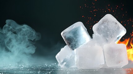 Wall Mural - Ice Cubes Melting Amidst Flames and Smoke Creating a Striking Contrast of Temperature and Texture