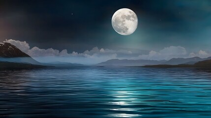 Wall Mural - Moonlit Reflections on Tranquil Waters of a Serene Lake Under a Dark Night Sky