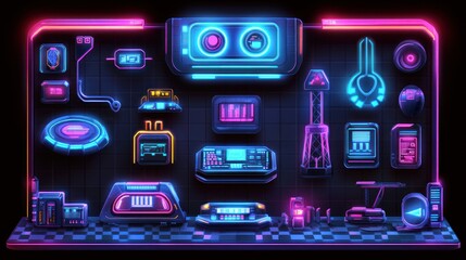 Futuristic digital user interface displays neon lights and various components