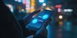 © Ольга Филиппова - Night city glow illuminates a hand holding a phone displaying 'Follow.' A subtle call to connect amidst the urban backdrop