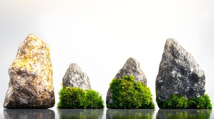 Wall Mural - Different Textured Rocks Surrounded by Lush Green Moss Against a Bright Background