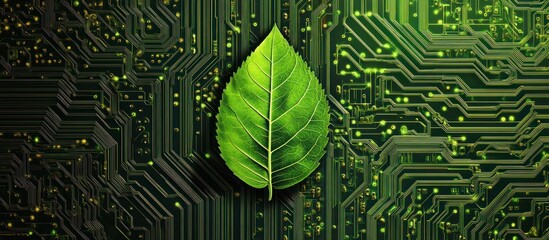 A single green leaf resting upon a detailed electronic circuit board