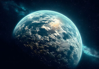 Wall Mural - blue earth in space and galaxy. globe with outer glow ozone and white cloud. space planet and atmosp