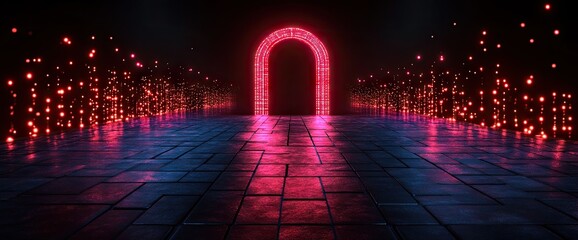 Wall Mural - neon portal on tiled floor with floating red lights in the dark
