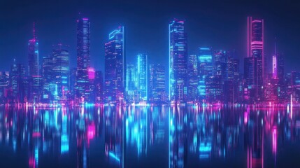 Wall Mural - neon city skyline reflections at night