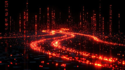 Wall Mural - winding road of glowing red orbs stretches into the distance with illuminated city lights
