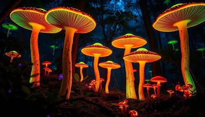 Wall Mural - Towering neon mushrooms illuminate a bioluminescent forest, strange flora thrives, vegetation,  fantasy art