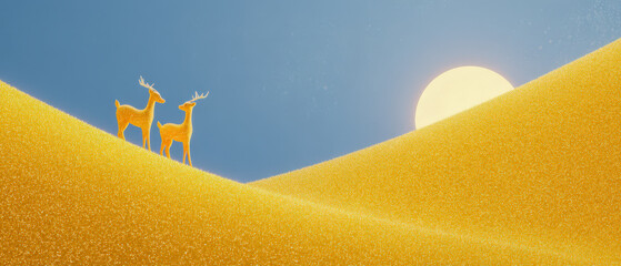 Wall Mural - Two deer standing on a yellow hillside