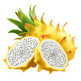 Yellow dragon fruit whole and sliced pitahaya realistic illustration isolated on transparent background.

