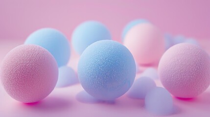 Wall Mural - 3d rendering of a group of pastel colored frosted balls on a pink background. the balls are of vario