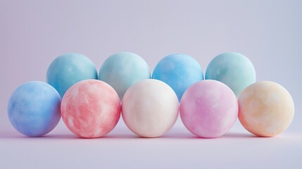 Wall Mural - 3d rendering of a row of pastel colored balls with a bumpy surface texture on a matching background.