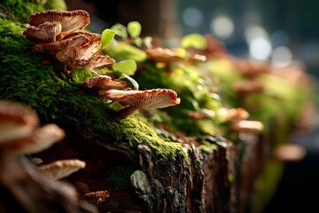Detailed close-up of wild mushrooms on a decaying tree trunk