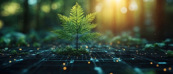 Wall Mural - fern sprouting on a digital grid with bokeh background