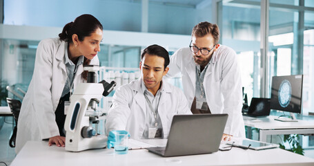 Poster - Group, scientist and people with chemical beaker for research, innovation and chemistry. Science lab, medical collaboration and sample for test discussion, planning and cure development with laptop