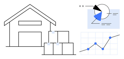 Warehouse structure, stacked boxes, pie chart, and line graph showing inventory management, analytics, and logistics. Ideal for analysis, supply chain business performance shipment planning. Flat