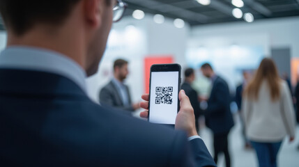 person holding smartphone displaying qr code in busy event space, surrounded by blurred attendees en