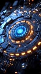 Wall Mural - intricate, detailed machine core. complex mechanisms with glowing blue center and circuit patterns