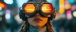 © Trionorejo - Girl with steampunk goggles and braided hair, with blurry bokeh city lights behind her