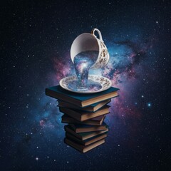 Wall Mural - generative ai cosmic knowledge: galaxy tea over books books teacup saucer galaxy cosmos stars stack 