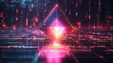 glowing ethereal diamond hovering above a digital landscape showcasing advanced technology and futuristic design with vibrant pink and blue hues