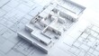 © PengAI - A detailed architectural model displayed over blueprints, showcasing a modern design with distinct rooms and layout.