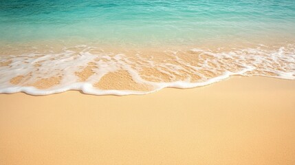 Wall Mural - soft sandy beach meets crystal-clear turquoise waters, gentle waves creating delicate foam patterns 