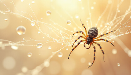 Spider creating a web with water droplets on a soft background  