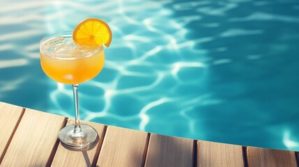 Wall Mural - refreshing summer cocktail with vibrant orange garnish resting on wooden poolside deck against shimm