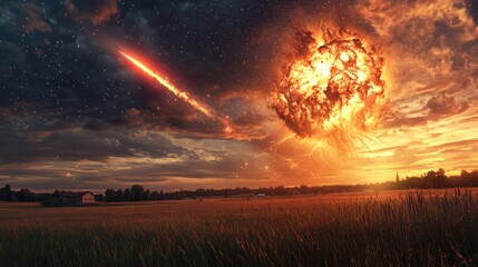 Wall Mural - A meteor strike hitting a rural area, causing a massive explosion.