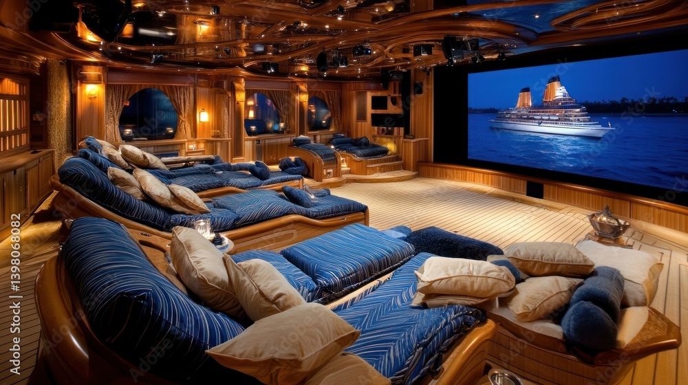 Luxurious private movie theatre on a yacht with ocean view Stock ...