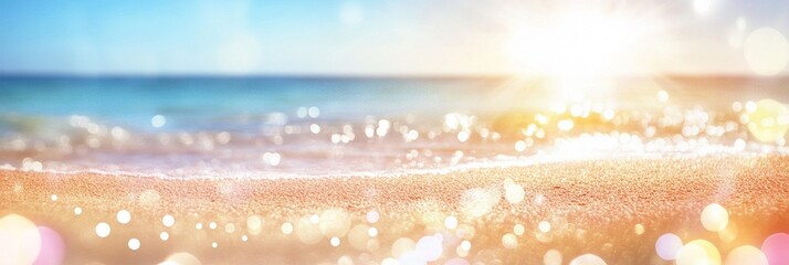Wall Mural - serene coastal landscape with soft golden sand, sparkling sunlight, and blurred turquoise ocean wave