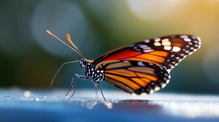 Poster - Close-up of an orange and black butterfly with white spots on a blue surface, illuminated by warm sunlight. Soft-focus green background