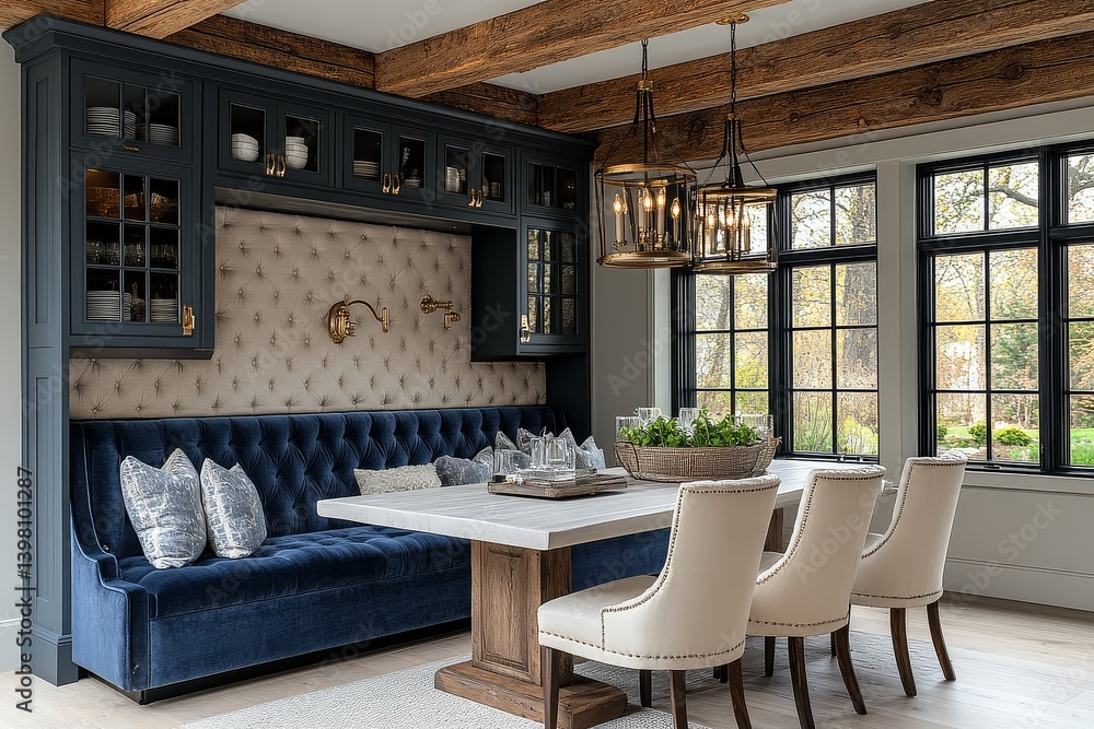 Blue velvet bench in kitchen with white oak flooring, built-in ...