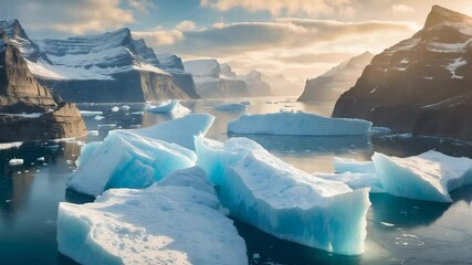 Wall Mural - icebergs from melting glaciers floating in a rocky canyon bay with a frozen river. polar winter ocea