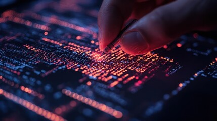 Close-up of hand editing code on a glowing screen