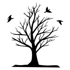 silhouette of a leafless tree with three birds in flight against a white background a minimalist nat