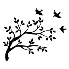 silhouette of a tree branch with three birds in flight against a white background