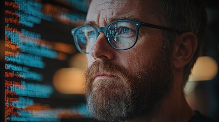 Focused Programmer: A Close-Up of a Bearded Man Deep in Thought, Studying Lines of Code on a Computer Screen