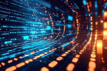 abstract digital tunnel with blue and orange glowing data streams and geometric shapes in perspectiv