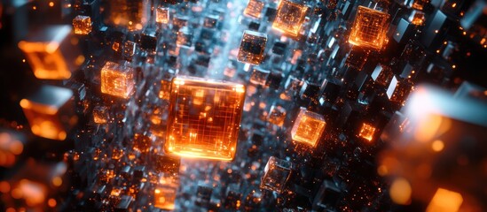 Wall Mural - glowing cubes falling, digital space, abstract background