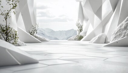 Wall Mural - futuristic white geometric architecture with mountain view.