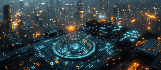 Wall Mural - futuristic city skyline; glowing tech panel; cyberpunk concept art