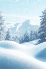 Wall Mural - snowy winter landscape with snowdrifts, pine trees, and mountains in the background.