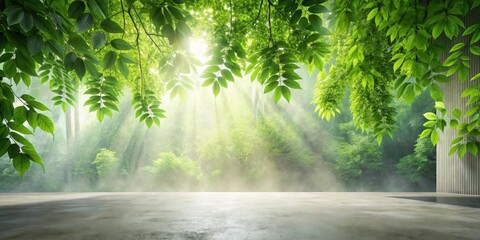 Aufkleber - Serene sunlit forest scene with lush foliage, misty atmosphere, and a tranquil empty platform ideal for product display or design compositions.